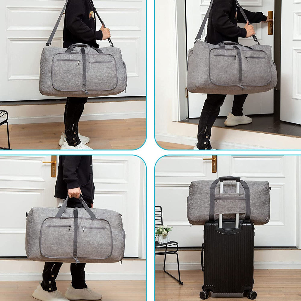 Travel Duffle Bag for Men, 65L Foldable Travel Bag with Shoes Compartment Overnight Weekender Bag Sports Tote Gym Bag for Men Women, Gray