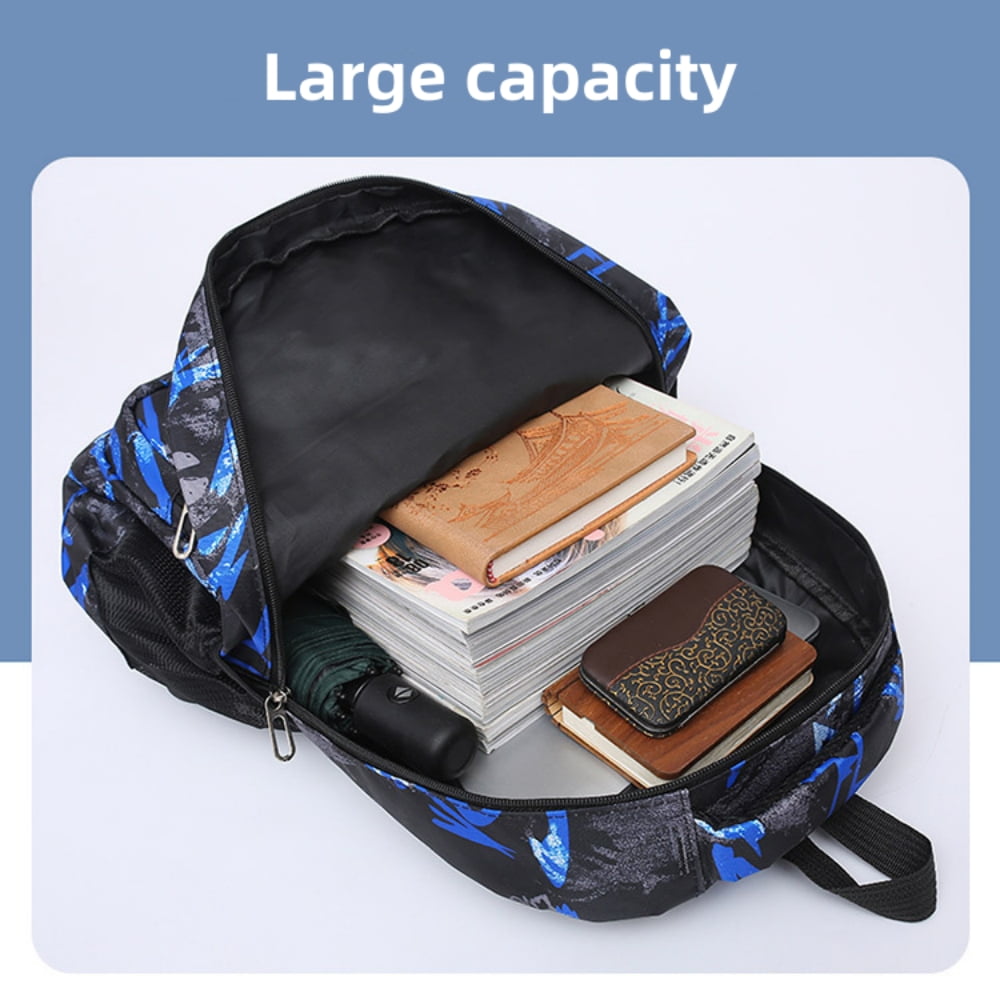 School Backpack for Boys Girls Fashion Printed School Bag Set with Lunch Bag and Pencil Case for Kids Teens, Blue