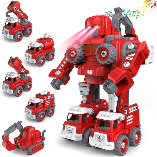 Children's 5-in-1 Fire Truck Set, Children's STEM Toys, Transformers, DIY Robots, 4, 5, 6, 7, 8 Year Old Children's Fire Toys, Fire Carrier Toy Trucks Set Children's Christmas Birthday Gifts