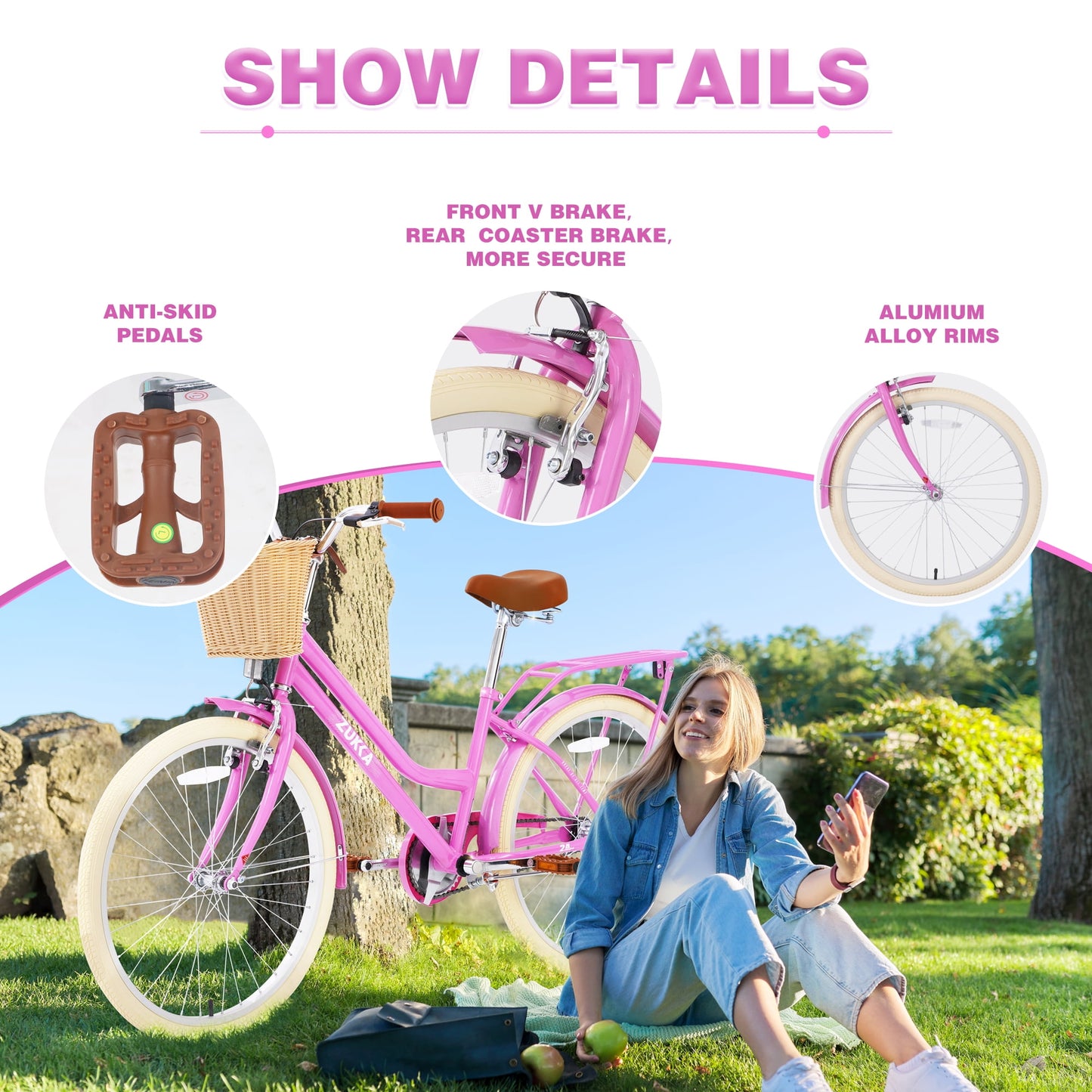 Girls Bike 24" Kids Bike with Basket, Singel Speed Steel Frame Cruiser Bike Commuter City Bicycle for Girls Women, Yellow
