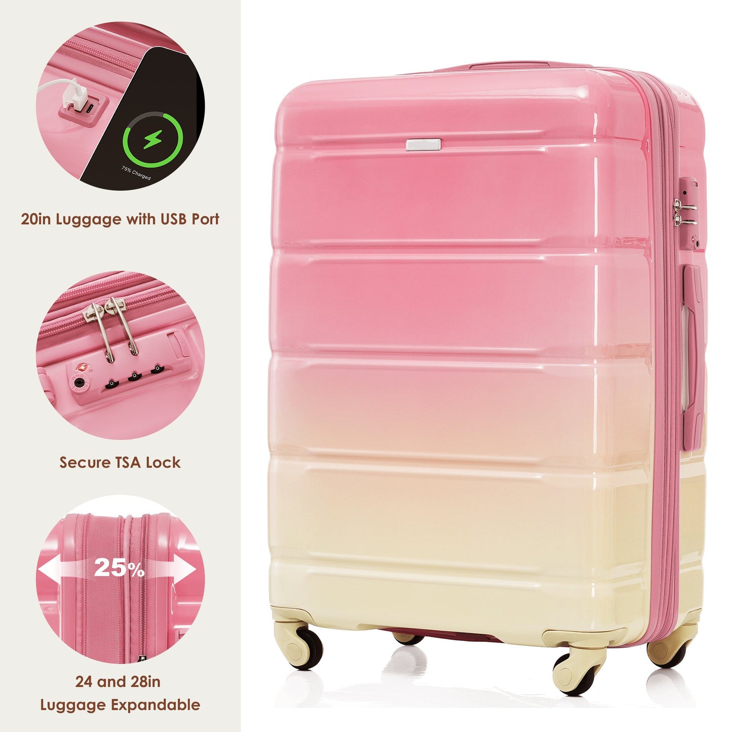 Luggage Set 4 Piece, Hardside Luggage Suitcase Sets with Travel Bag, Collapsible Cup Holder, TSA Lock, Spinner Wheels, White