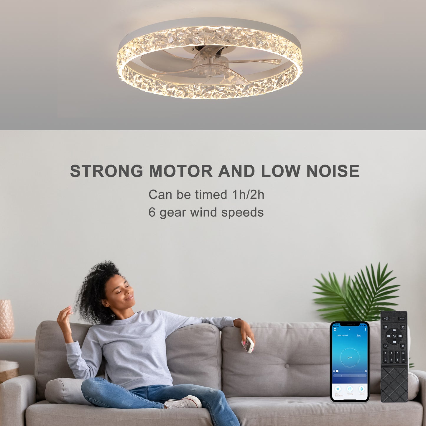 Baprem Ceiling Fan with Light Remote Controls Dimmable LED Chandelier 6-Speeds Quiet Flush Mount Ceiling Fan for Living Room Bedroom Dining Room