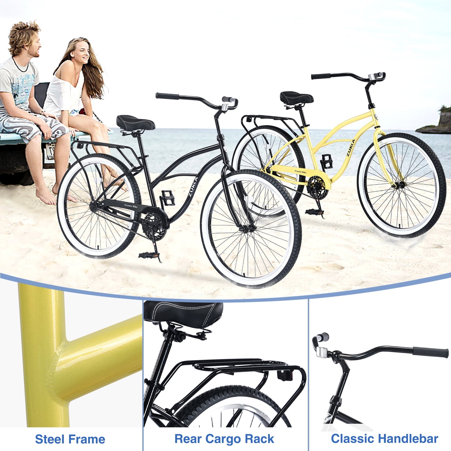 26" Cruiser Bike Single Speed Steel Frame Adults' Bicycles, Men's Beach Cruiser Bike with Rear Coaster Brakes, Black
