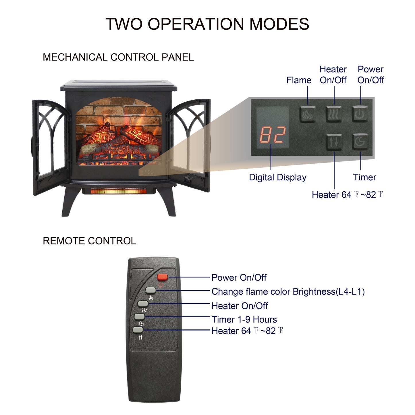 24" Freestanding Electric Fireplace Heater Stove with Remote Control, 1500W