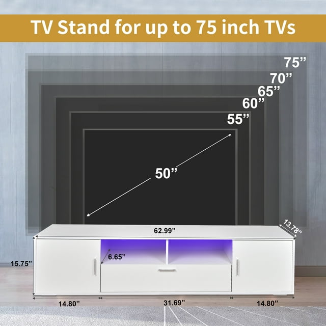 TV Stands for TVs up to 75", Modern Entertainment Center TV Cabinet with LED Lights and Storage for Gaming Living Room Bedroom, White