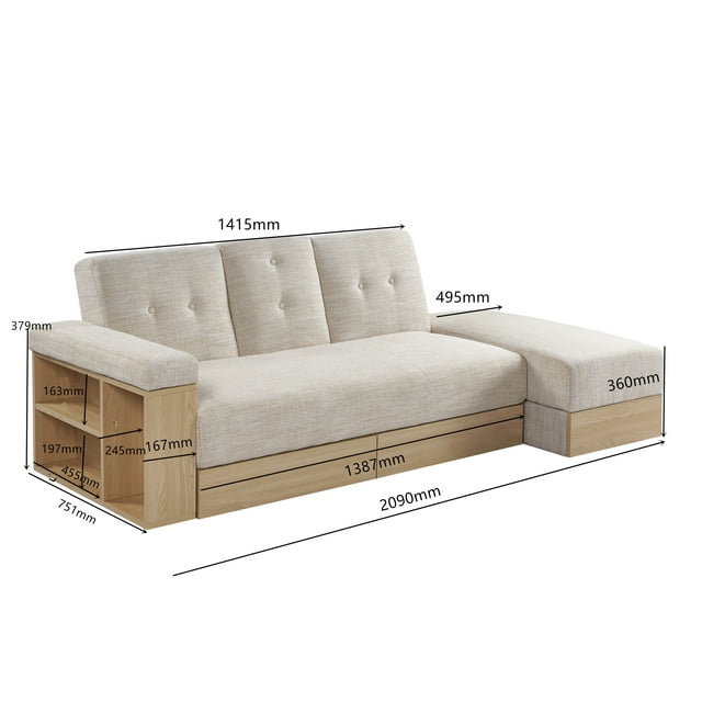 Convertible Sofa Bed, Multi-functional PU Leather Couch with 2 Pull-out Storage Drawers and Box, Small Space Sofa for Living Room, Beige
