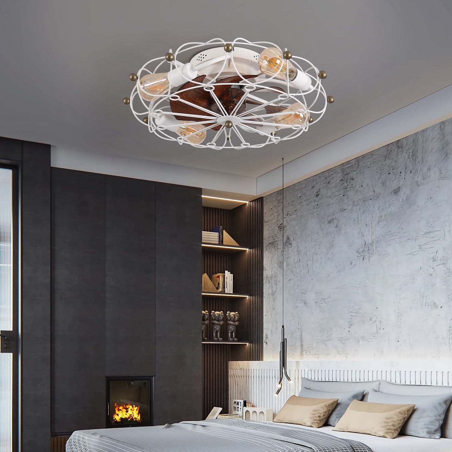 Low Profile Caged Ceiling Fan with Lights Remote Control, Embedded Modern Industrial Farmhouse Ceiling Fan for Bedroom, Kitchen, White
