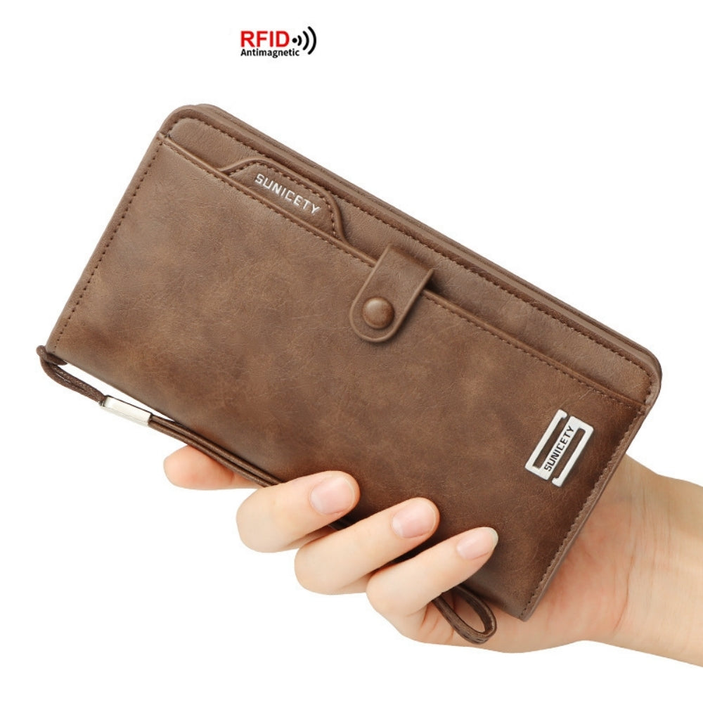 Tyethy Long Wallet for Men, Large Capacity Zipper RFID Blocking Leather Wallet Multifunctional Passport Wallet with Removable Card Holder for Business Travel, Brown