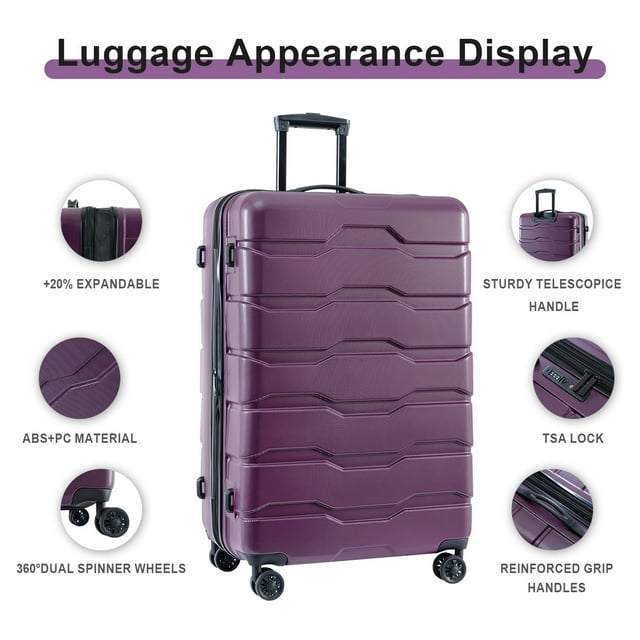 Luggage Set, 3 Pcs Expandable ABS Hardshell Suitcase Luggage Set with Spinner Wheels TSA Lock for Travel Business, 20"24"28", Deep Purple