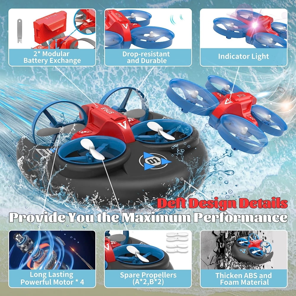 Remote Control Boat for Boys, 3 in-1 Water Land and Air Detachable Hovercrafts Boat Amphibious RC Car Rotatable Remote Control Drone Toys for 8-12 Years Old Kids