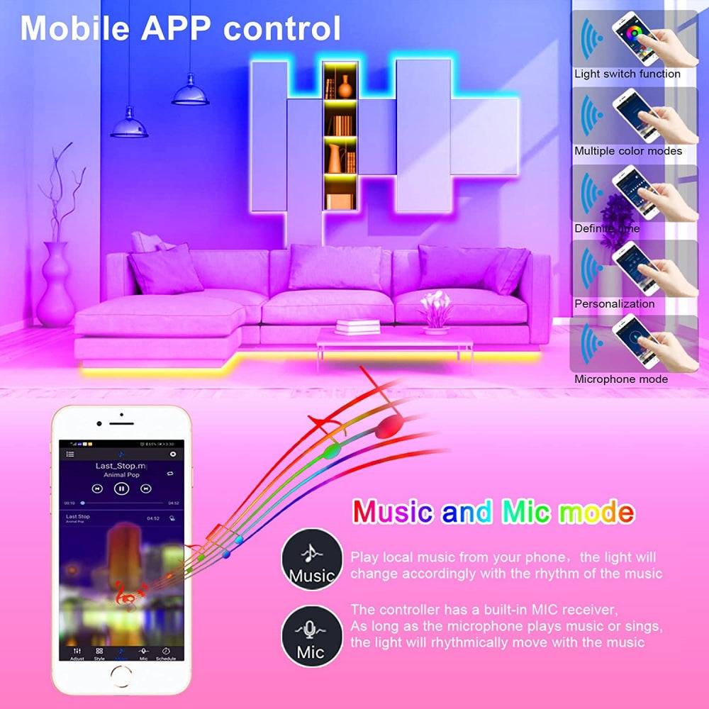 32.8ft LED Strip Lights, IP65 Waterproof Music Sync RGB Strip Lights with App & Remote Control for Bedroom, Kitchen, Party, 100 LEDs