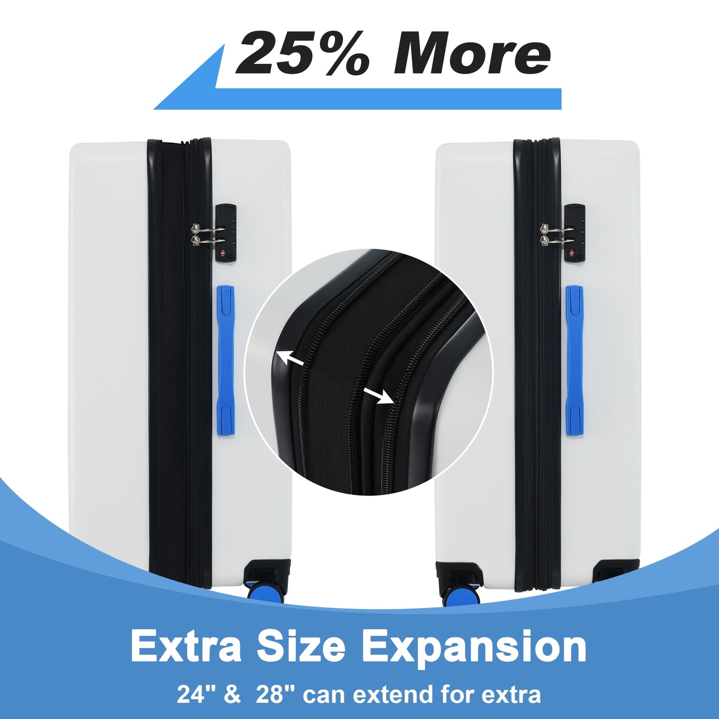3 Piece Hardside Luggage Set with Spinner, TSA Lock , 20" 24' 28" ,White+Blue Contrast Color