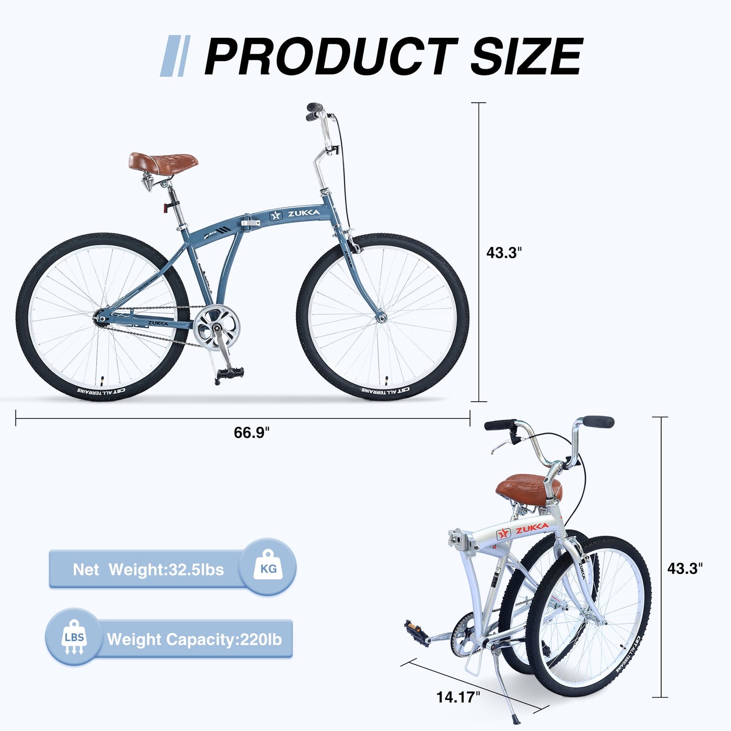 26" Folding City Bike, Single Speed Beach Cruiser Bike for Men Women Adults, Blue