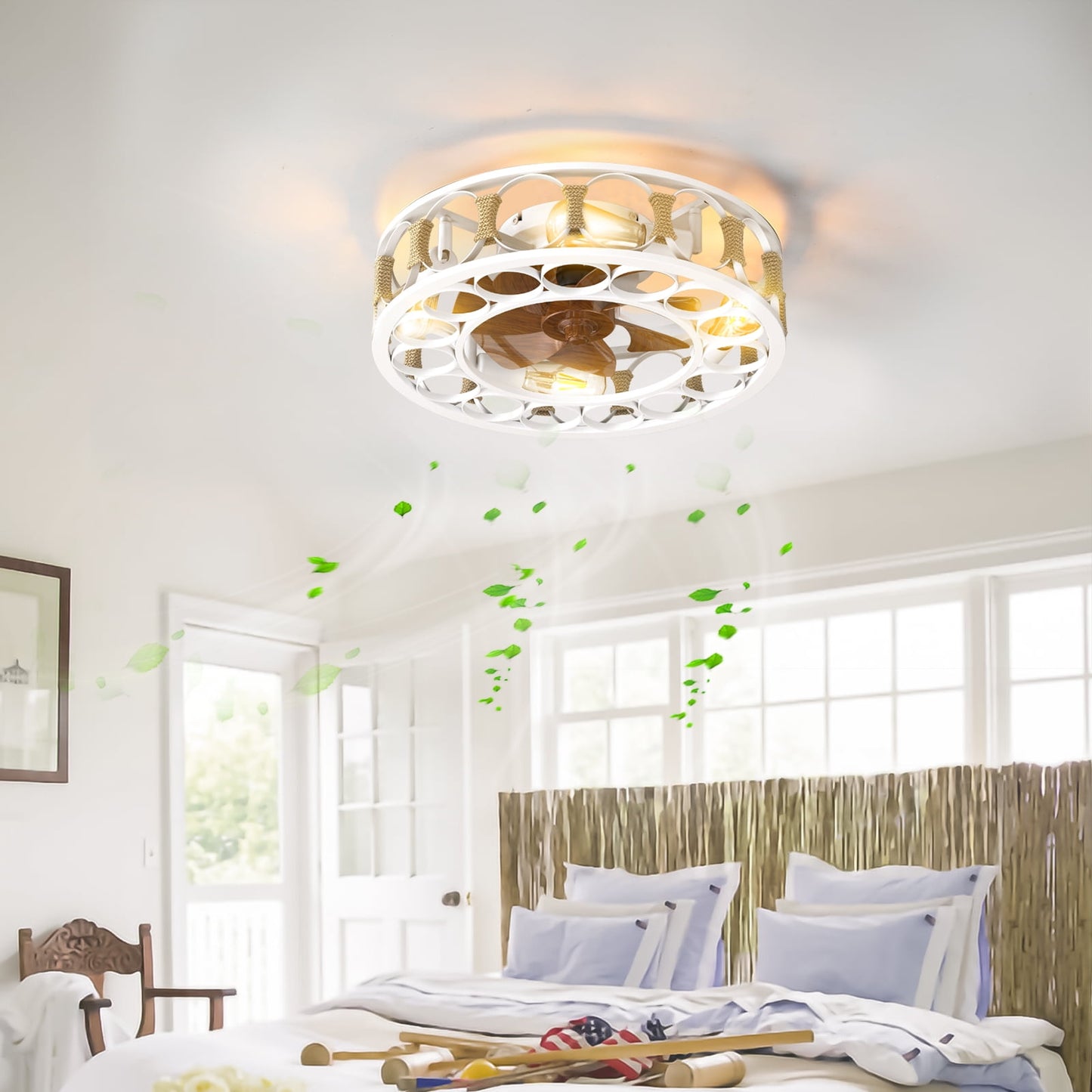 Ceiling Fan with Light and Remote Control, Flush Mount Ceiling Fan, Indoor Retro Low Profile Caged Ceiling Fan with 5 Bulbs for Living Room, Bedroom, Kitchen