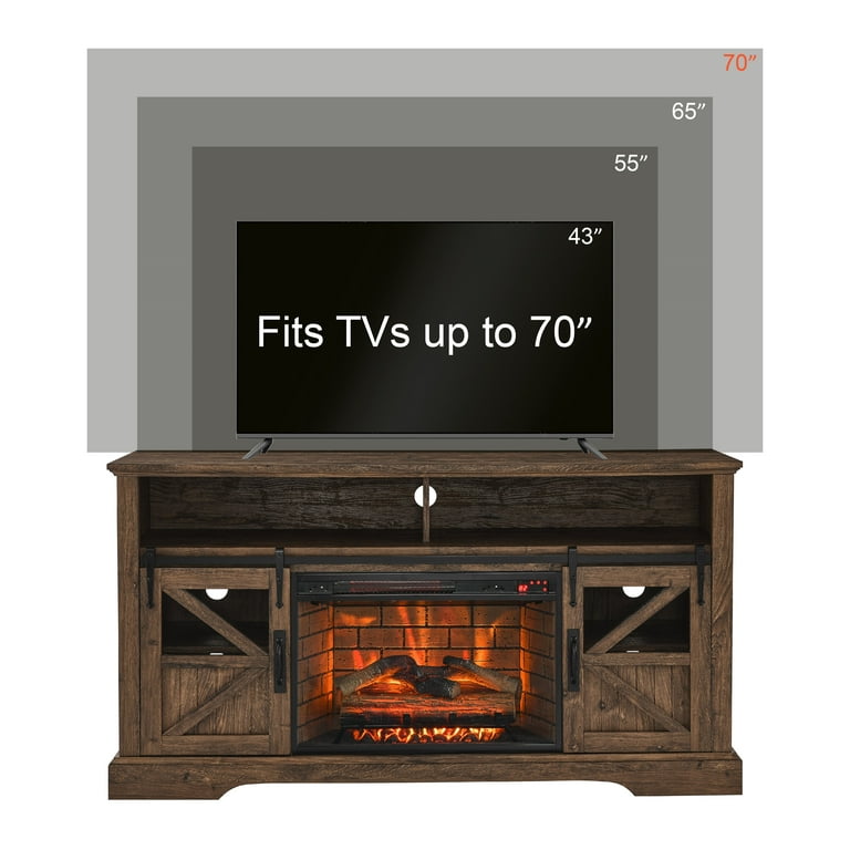 Fireplace TV Stand for TVs up to 70", 60" Entertainment Center with 26" Electric Fireplace, Modern Media TV Console with Storage Cabinet and Door Sensor, Brown