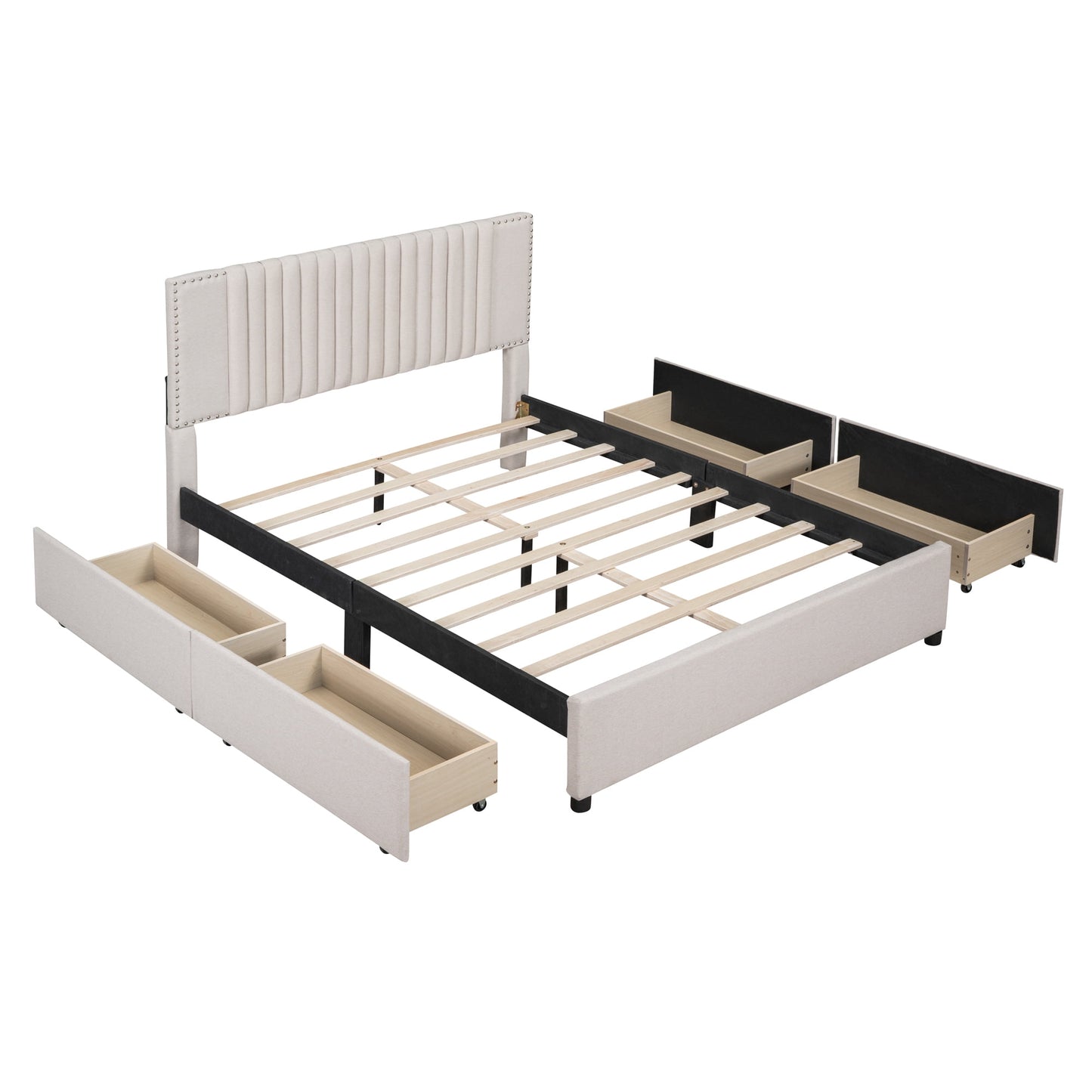 Queen Size Bed Frame, Upholstered Platform Bed with Classic Headboard and 4 Drawers, Wooden Slats Support, No Box Spring Needed, Beige