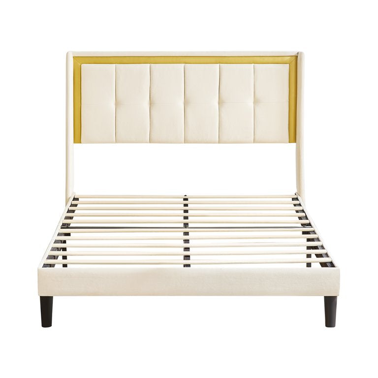 Queen Size Bed Frame Upholstered Platform Bed Frame with Headboard and Strong Wooden Slats, Easy Assembly, No Box Spring Needed, Beige