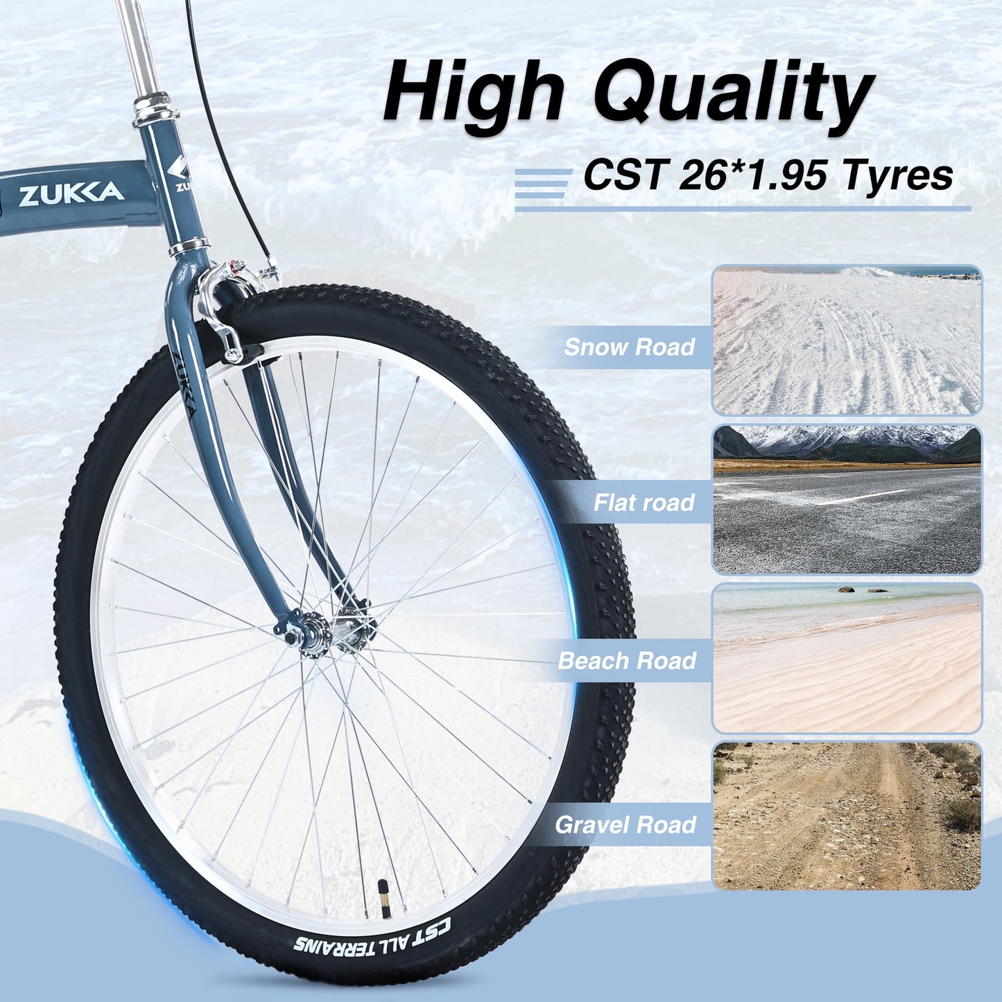 26" Folding City Bike, Single Speed Beach Cruiser Bike for Men Women Adults, Blue