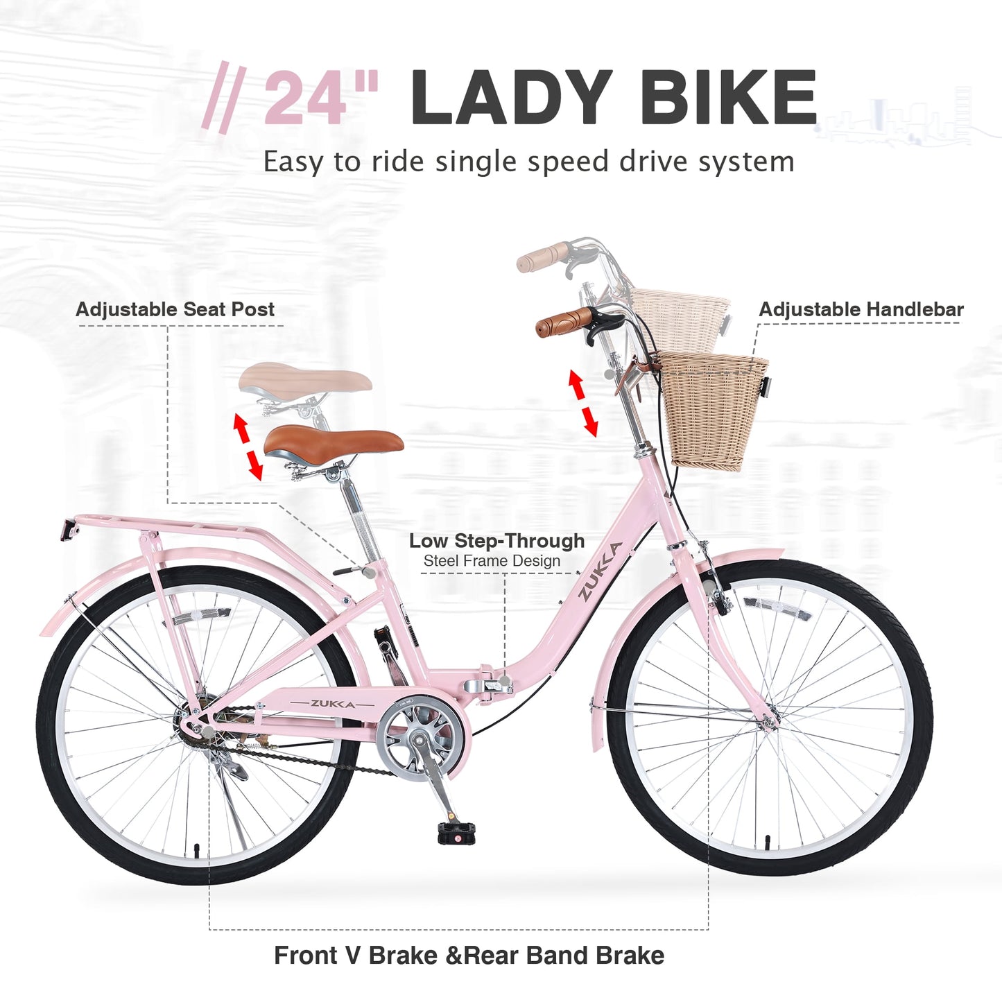 Tyethy Beach Cruiser Bike 22" Commuter Bicycle for Adults Womens, 7-Speed Steel Frame Comfortable City Bikes with Rear Rack and Basket, Pink