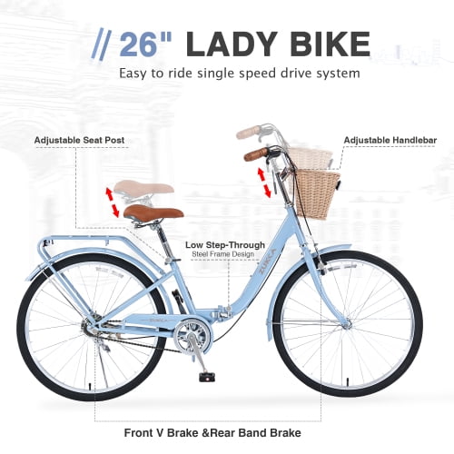 Tyethy Beach Cruiser Bike 26" Commuter Bicycle for Adults Womens, 7-Speed Steel Frame Comfortable City Bikes with Rear Rack and Basket, Multi-colors