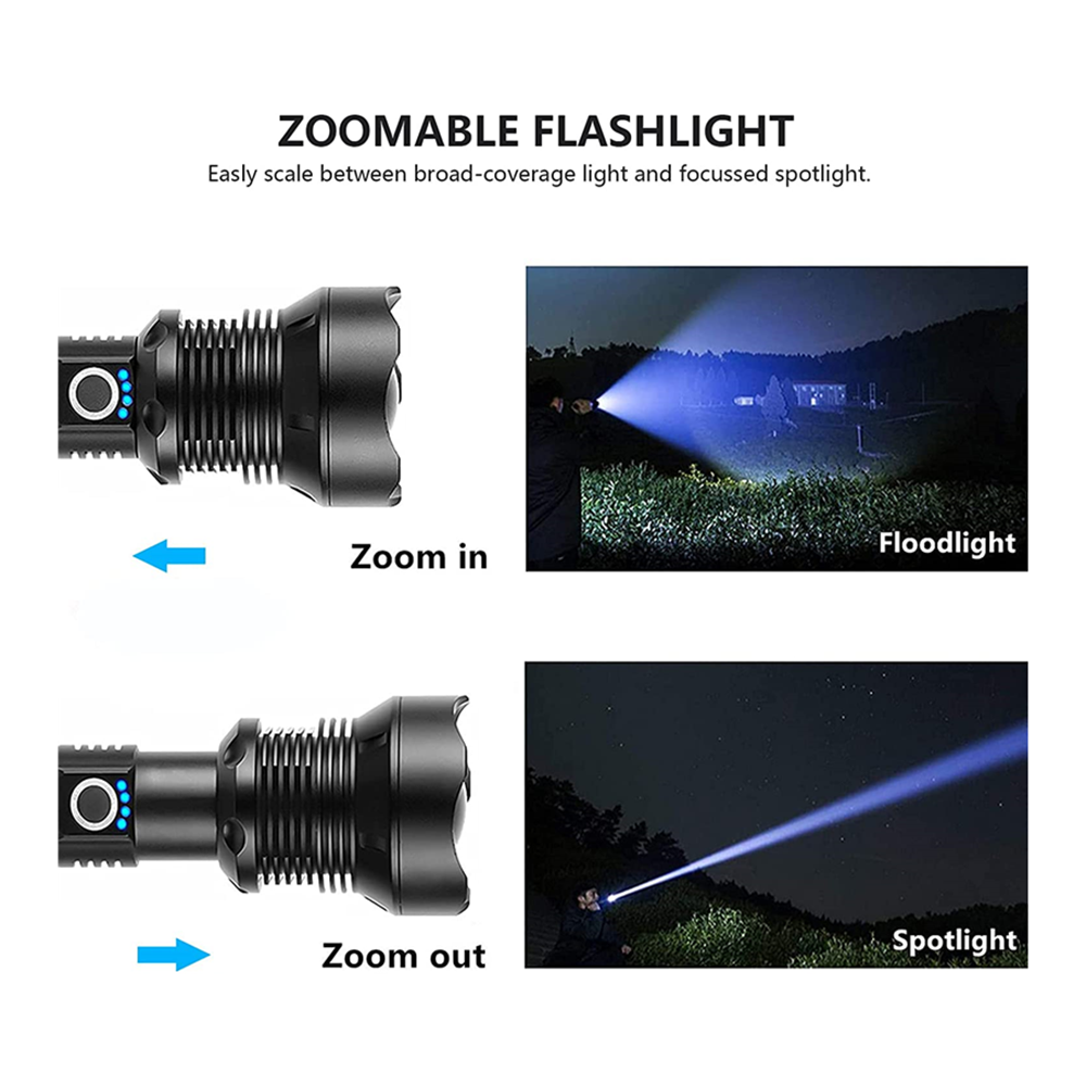 Rechargeable Flashlights, 90000 High Lumens Zoomable Handheld LED Flashlight, Waterproof XHP70 Flash Light with 2 Batteries for Emergency Hiking Camping