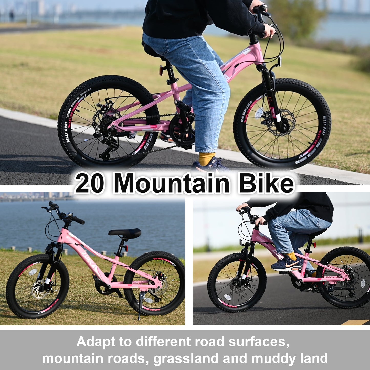 Mountain Bike 20" for Girls, Carbon Steel Frame 7-Speeds Shimano Kids Mountain Bike Youth Bicycle for 5- 12 YO, Pink
