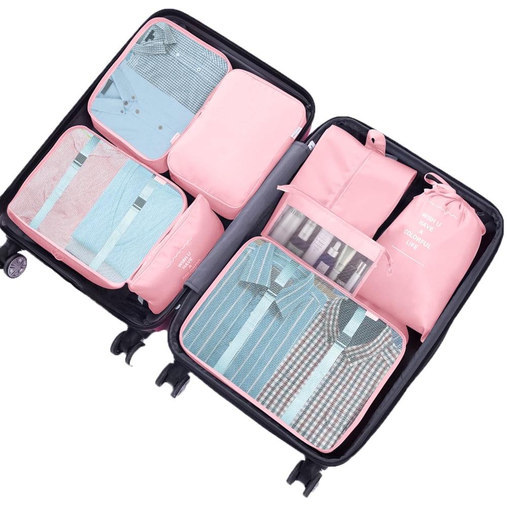 Packing Cubes for Travel, 8 Pcs Foldable Set Lightweight Luggage Organizers with Large Storage Bag for Clothes Shoes, Portable Toiletry Bag for Girls (Pink)