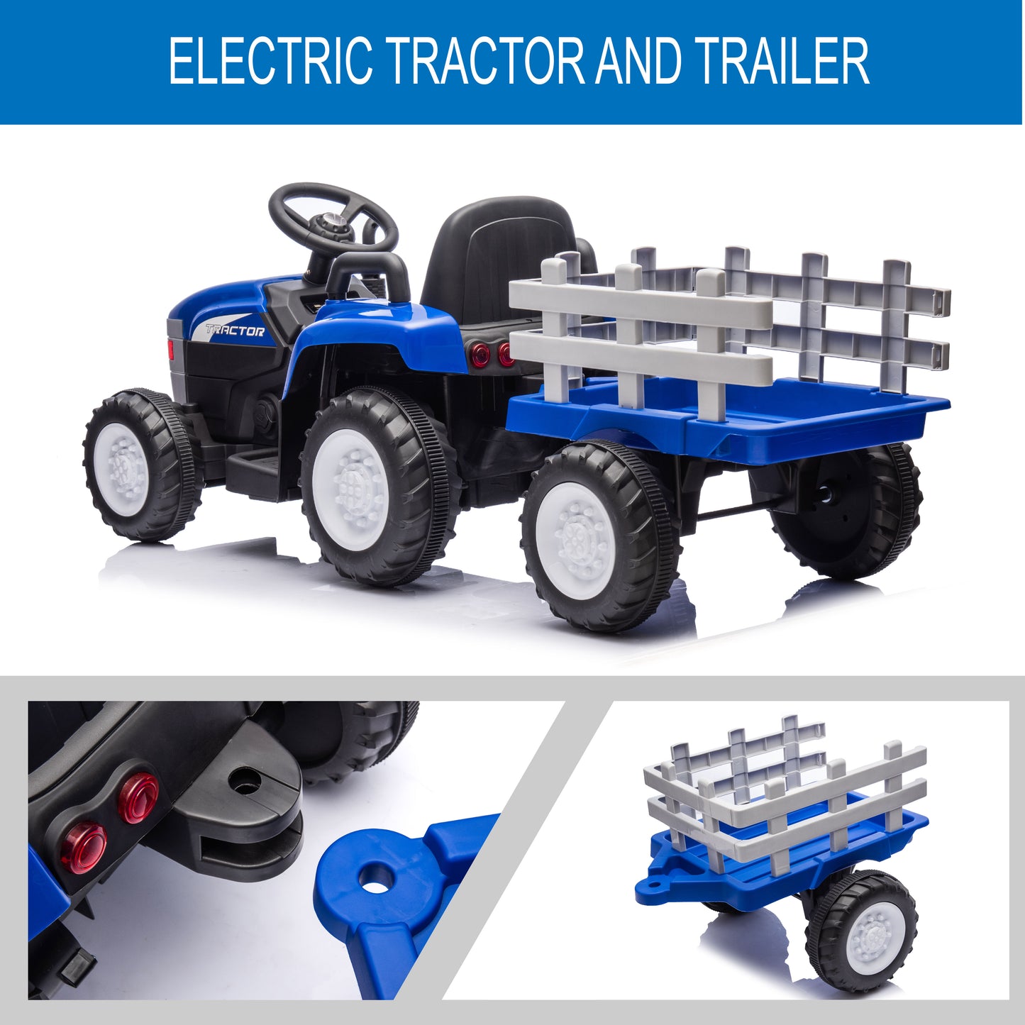 12V Ride on Toys Remote Control Electric Kids Ride on Tractor with Trailer LED Headlights for Toddlers Boys Girls Ages 3-6, Blue