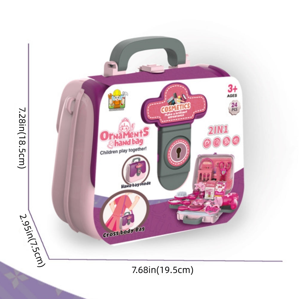 Pretend Play Vanity Set with Carrying Case ,24 PCS Kids Makeup Kit Toys Beauty Cosmetic and Jewellery Set with Hairdryer, Mirror & Other Accessories, Christmas Birthday Gifts for Little Girl