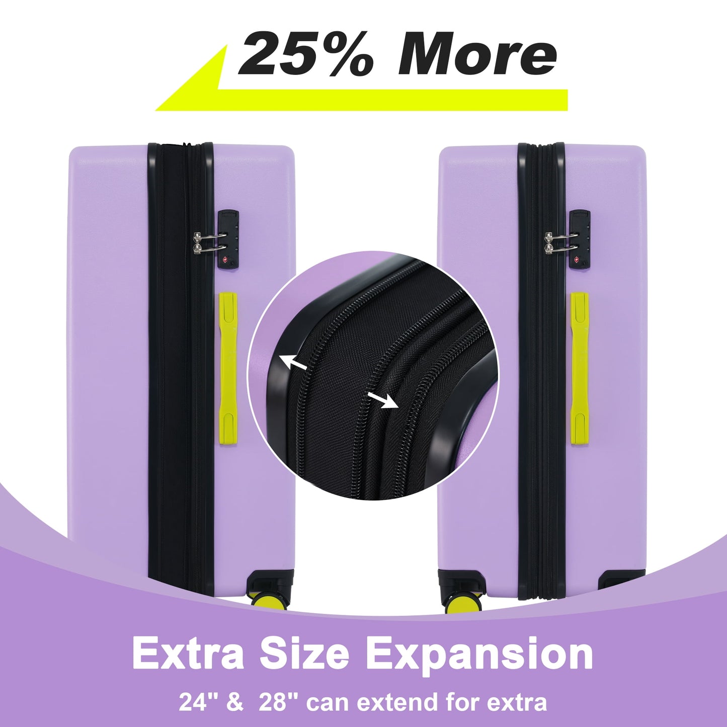3 Piece Hardside Luggage Set with Spinner, TSA Lock , 20" 24' 28" ,Purple Contrast Color