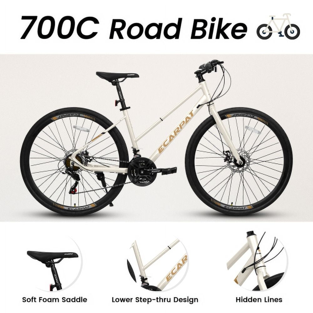 700C Road Hybrid Bike for Adult , 21-Speed Road Bike Road Bicycle Carbon Steel Frame, Dual-Disc Brakes, White
