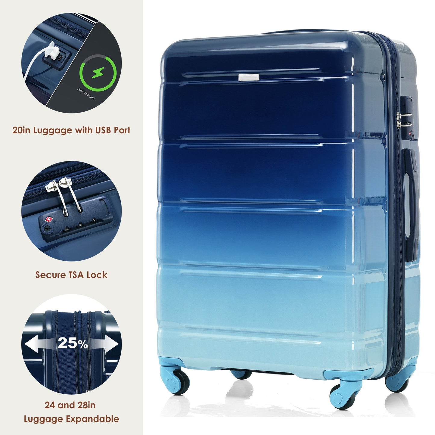 Luggage Sets 4 Piece Hardside Luggage Suitcase Sets with Travel Bag Expandable Luggage with USB Port Cup Holder TSA Lock Spinner Wheels, Blue