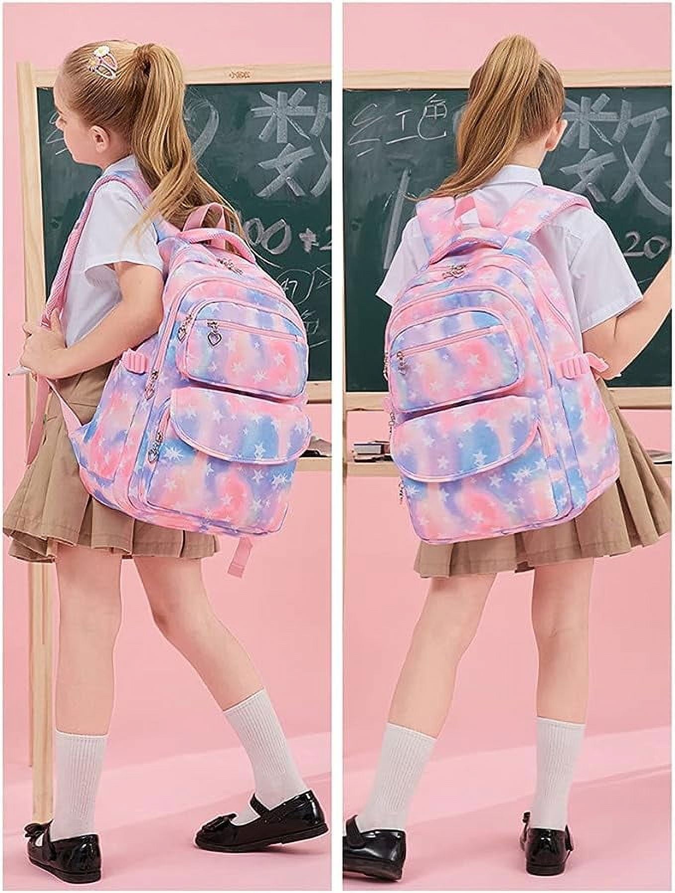 Girls Backpack with Lunch Bag and Pencil Case, Star Printed Kids School Backpack Set, Lightweight School Bag Children Bookbag for Elementary Middle Students, Pink