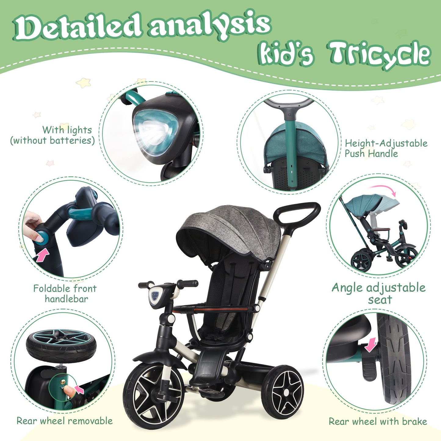 6-In-1 Kids Tricycle Baby Stroller with 360° Rotating Seat, Toddler Trike for 18M to 6Y Boys Girls, Gray