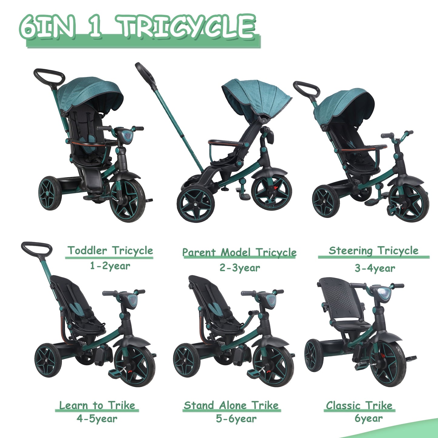 6-In-1 Kids Tricycle Baby Stroller with 360° Rotating Seat, Toddler Trike for 18M to 6Y Boys Girls, Gray