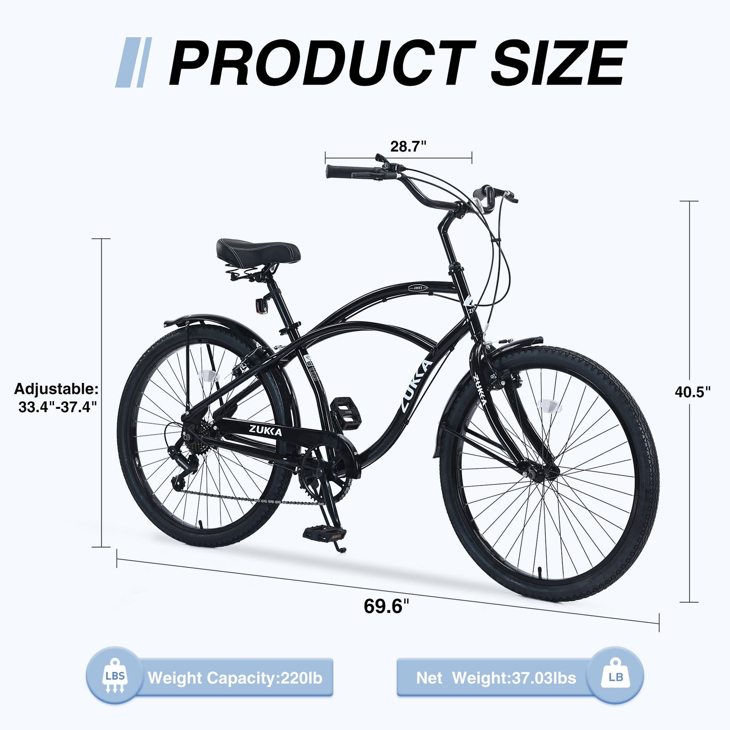 26" Cruiser Bike for Men Women Shimano 7 Speed Steel Frame Adults Bicycle with Dual Brakes, Black