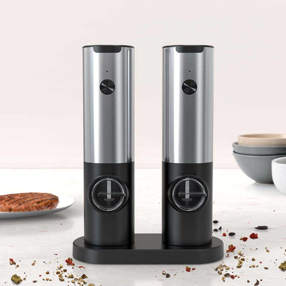 Electric Salt and Pepper Grinder Set with Charging Base, USB rechargeable 2 Pack Adjustable Coarseness Automatic Electronic Spice Mill Shakers with LED Light