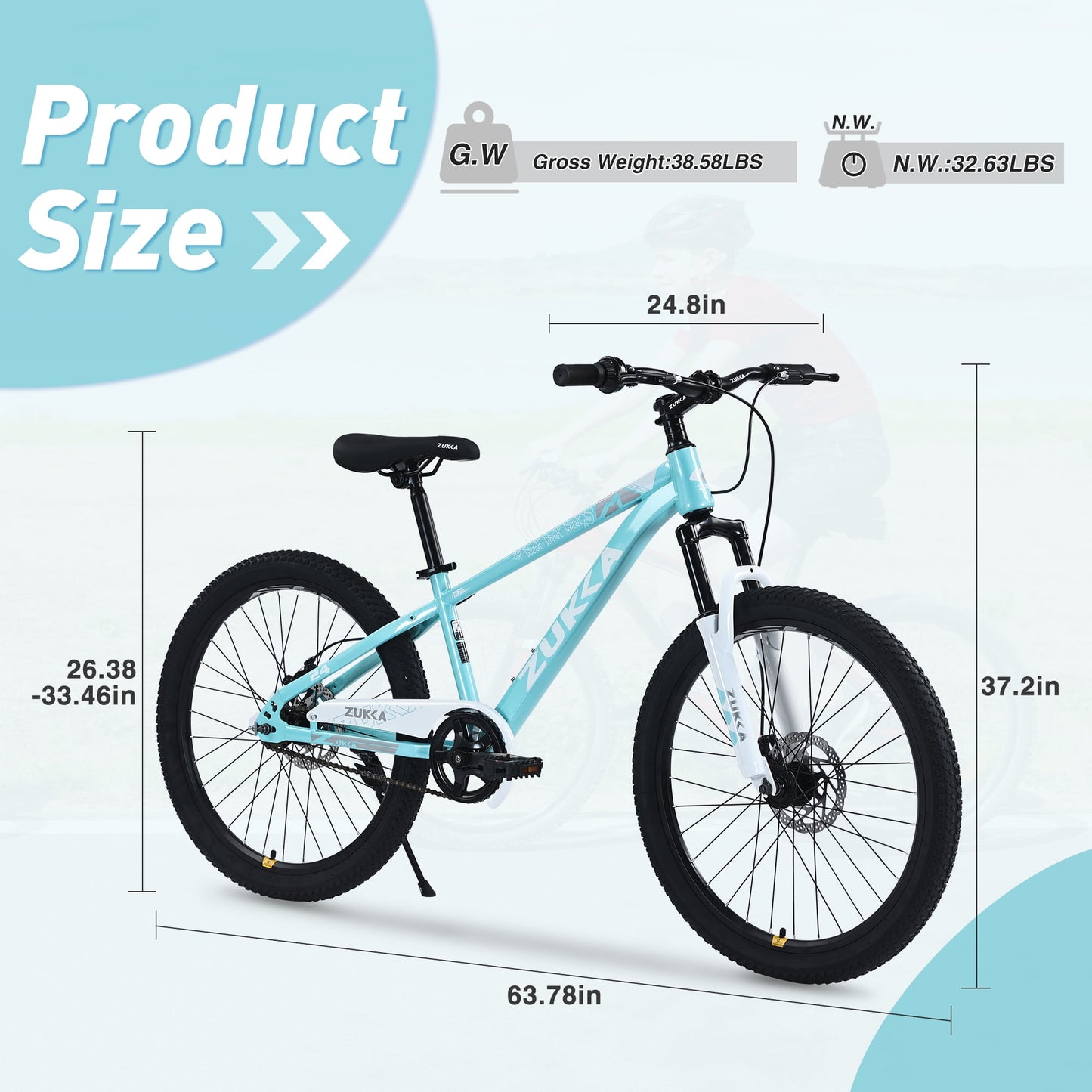 Tyethy 24" Mountain Bike for Girls, Steel Frame Kids MTB Children Bicycle for Boys Age 9-12, Cyan