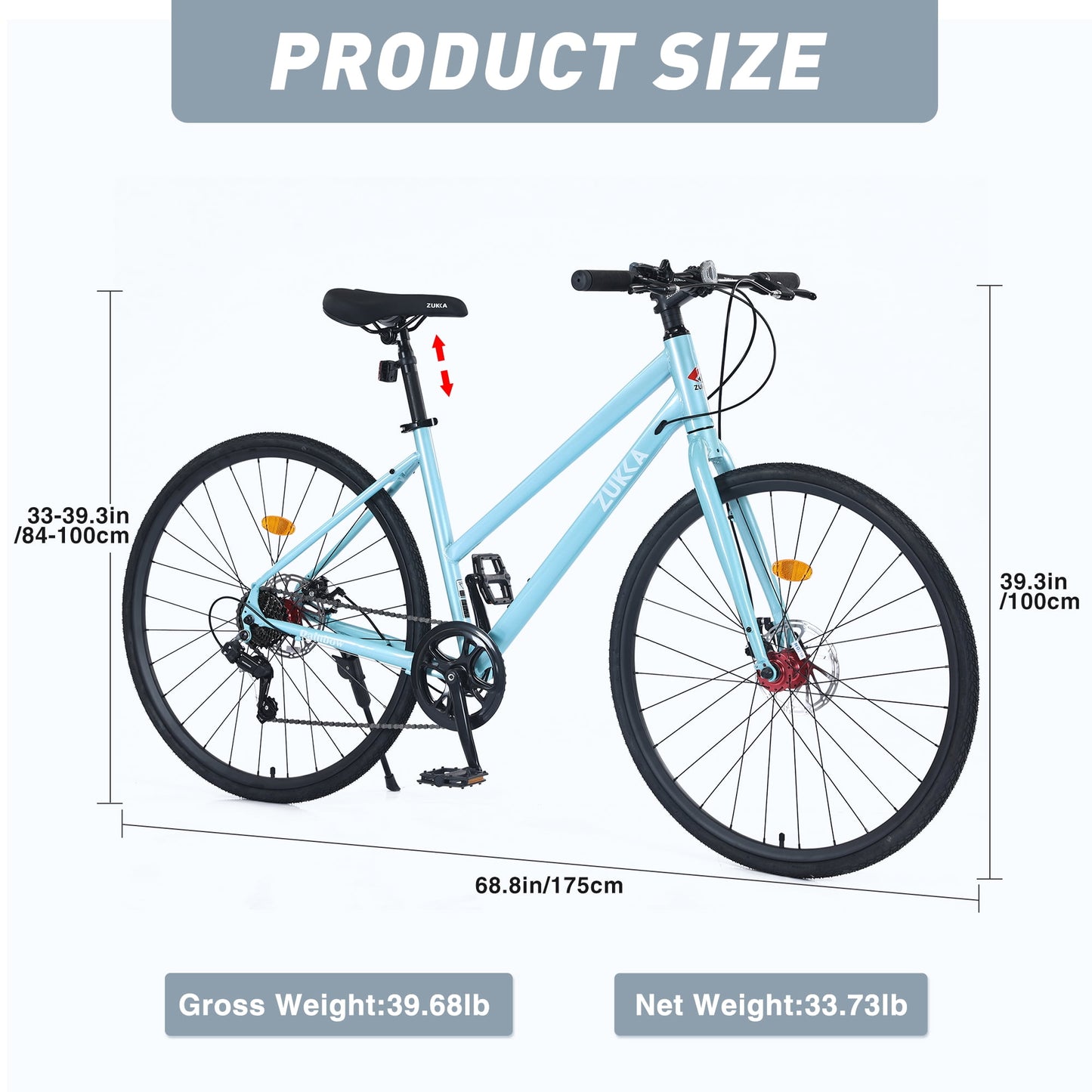 700C Hybrid Bikes 7 Speeds Steel Frame Road Bike Adult City Bicycle with Dual Disc Brakes for Men Women, Light Blue