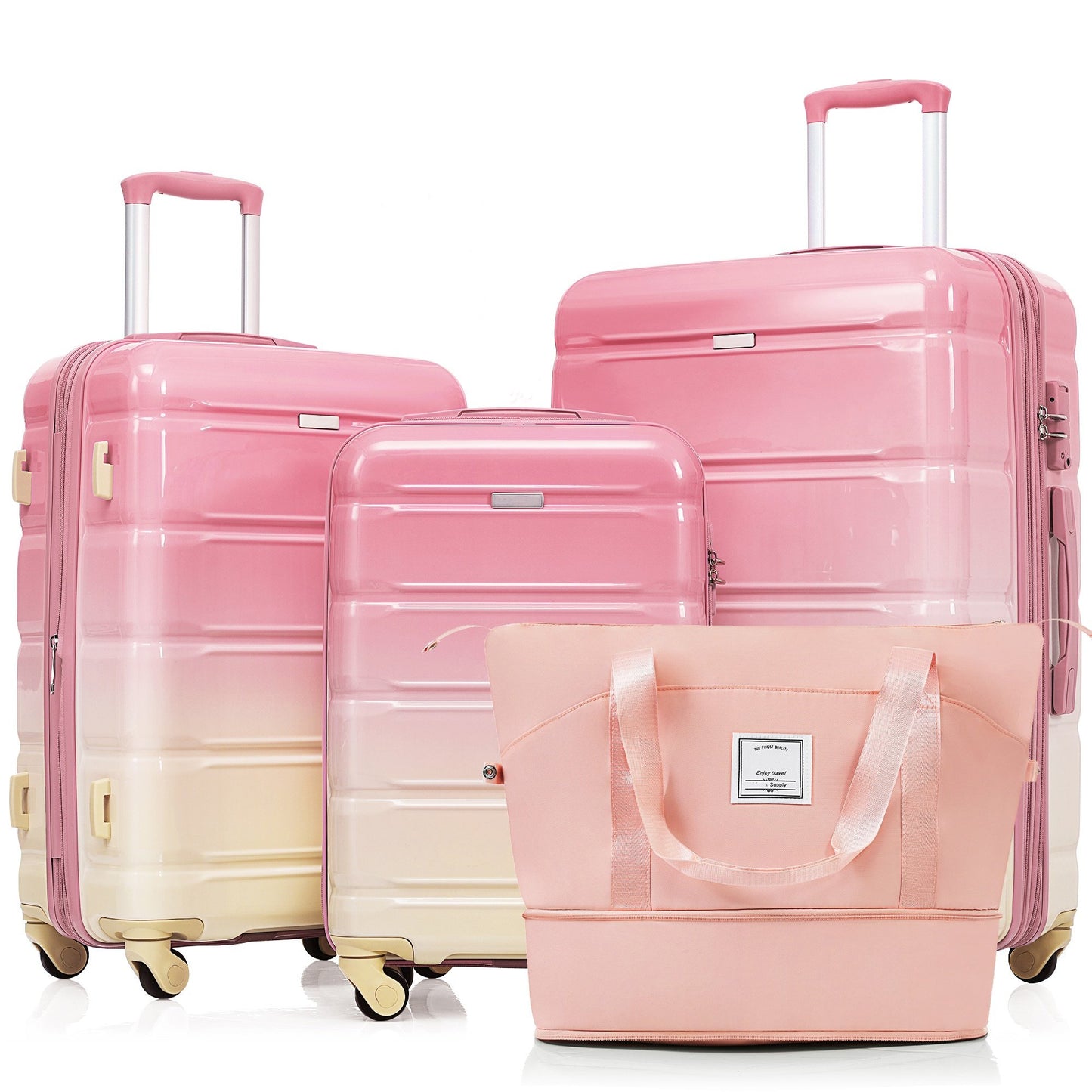Luggage Set 4 Piece, Hardside Luggage Suitcase Sets with Travel Bag, Collapsible Cup Holder, TSA Lock, Spinner Wheels, White