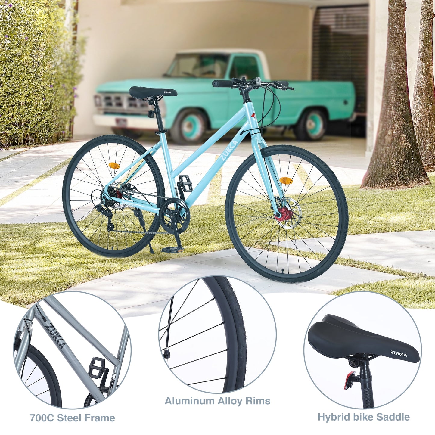 700C Hybrid Bikes 7 Speeds Steel Frame Road Bike Adult City Bicycle with Dual Disc Brakes for Men Women, Light Blue