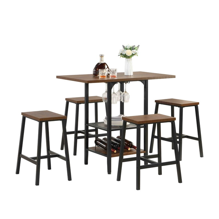 5 Piece Bar Table and Chairs Set with Storage Shelves, Counter Height Dining Table Set with 4 Stools for Kitchen Breakfast, Living Room, Rustic Brown