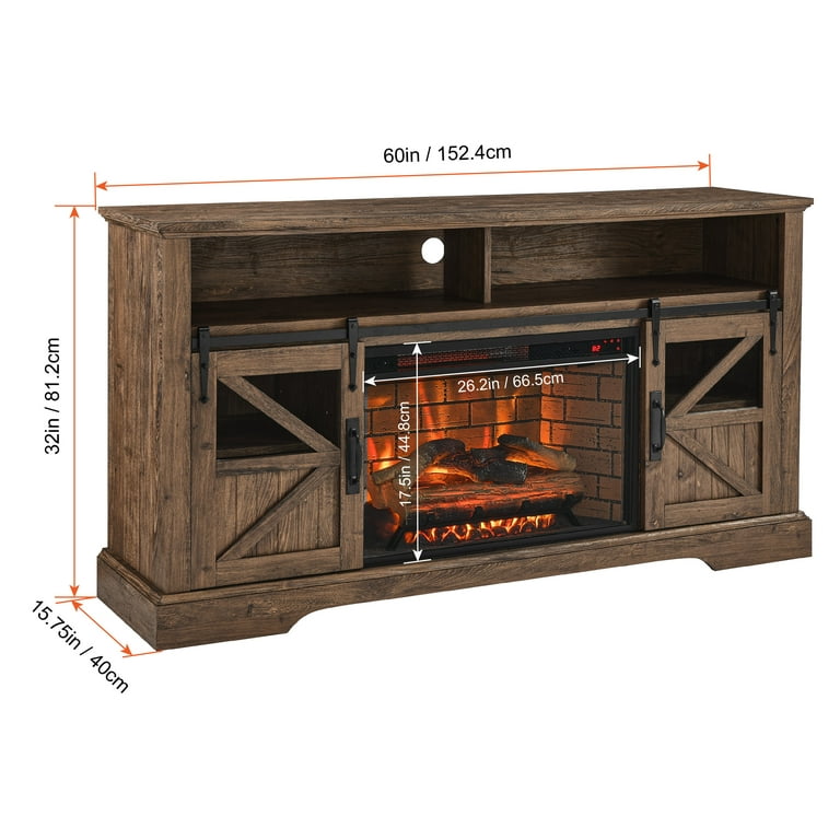 Fireplace TV Stand for TVs up to 70", 60" Entertainment Center with 26" Electric Fireplace, Modern Media TV Console with Storage Cabinet and Door Sensor, Brown