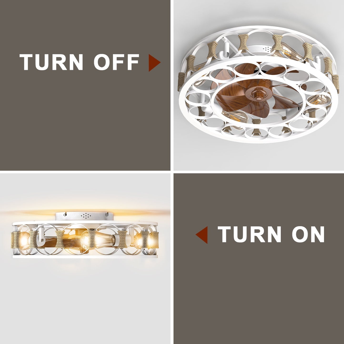 Flush Mount Ceiling Fan with Lights Remote Control, Indoor Retro Low Profile Caged Ceiling Fan with 5 Blades for Living Room, Bedroom, Kitchen