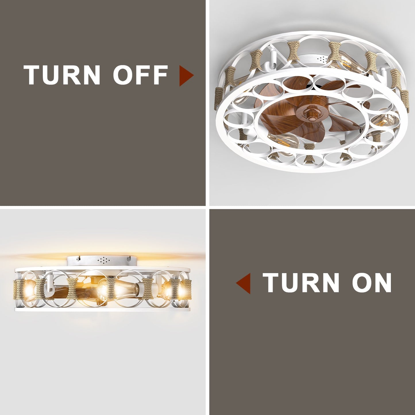 Flush Mount Ceiling Fan with Lights Remote Control, Indoor Retro Low Profile Caged Ceiling Fan with 5 Blades for Living Room, Bedroom, Kitchen