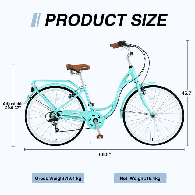 26" Beach Cruiser Bike Shimano 7 Speeds Steel Frame for Adult Women Men, Multiple Colors, Mint Green