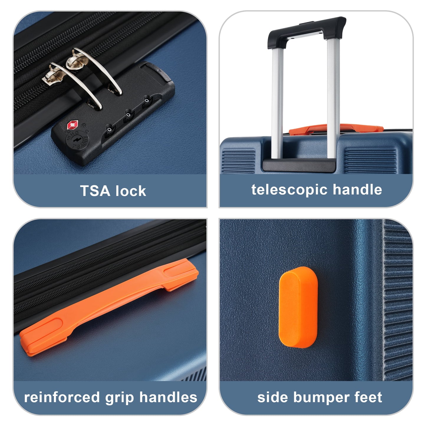 3 Piece Hardside Luggage Set with Spinner, TSA Lock , 20" 24' 28" ,Navy Blue Contrast Color