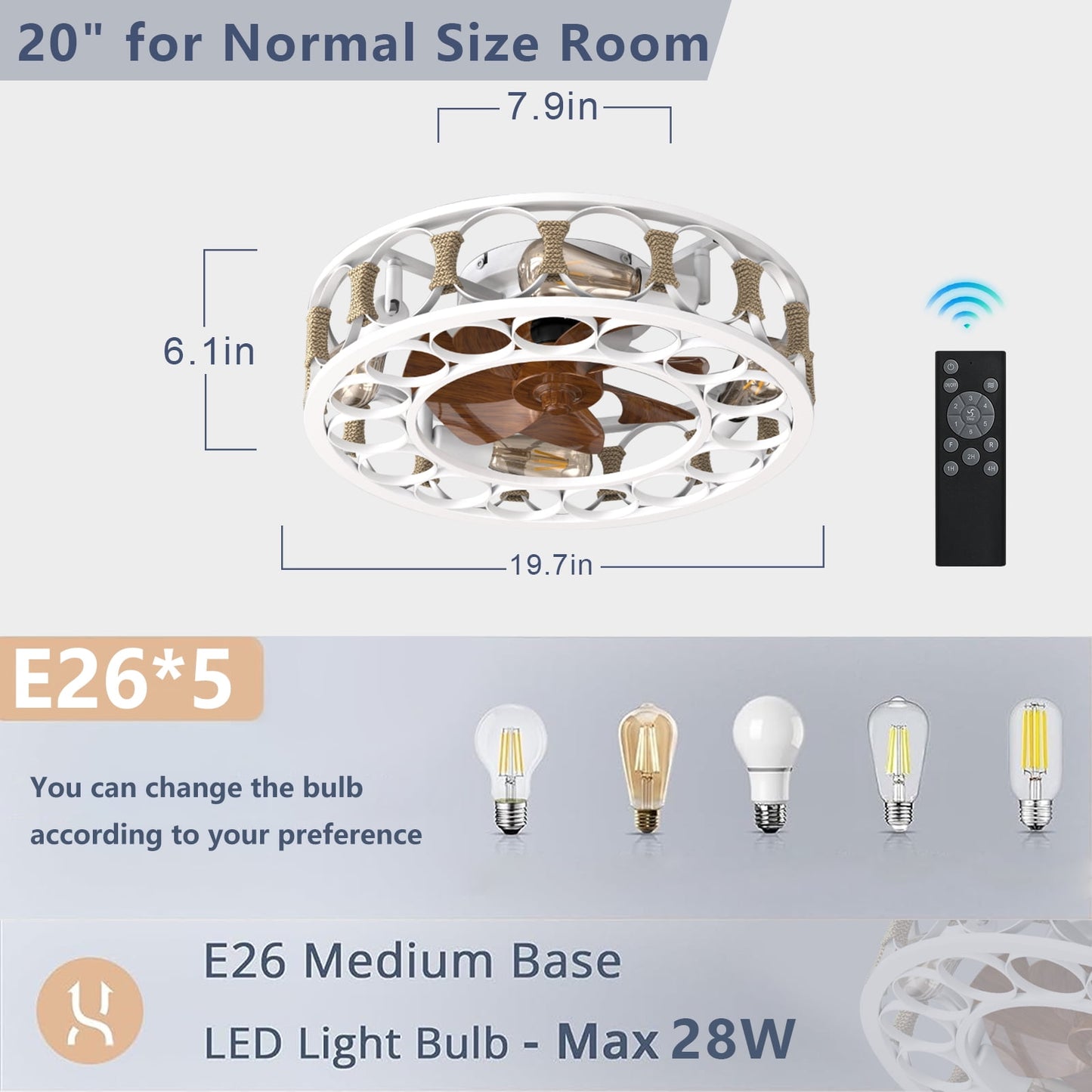Flush Mount Ceiling Fan with Lights Remote Control, Indoor Retro Low Profile Caged Ceiling Fan with 5 Blades for Living Room, Bedroom, Kitchen