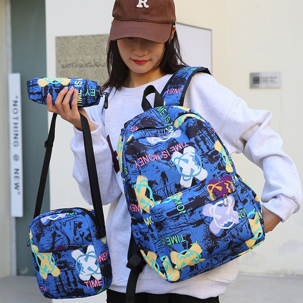 Kids Backpack Set, Graffiti-printed School Bag for Teens Boys and Girls, Elementary Middle School Bookbag Set with Crossbody Bag and Pencil Case, Blue