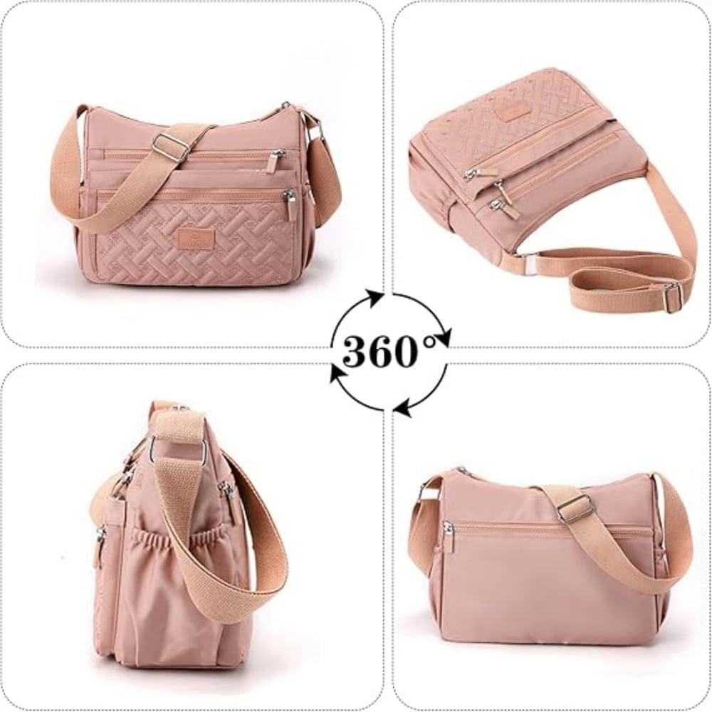 Raistyw Women's Nylon Shoulder Bag, Multiple Pockets Crossbody Purse Lightweight Handbags for Travel, Office, Pink